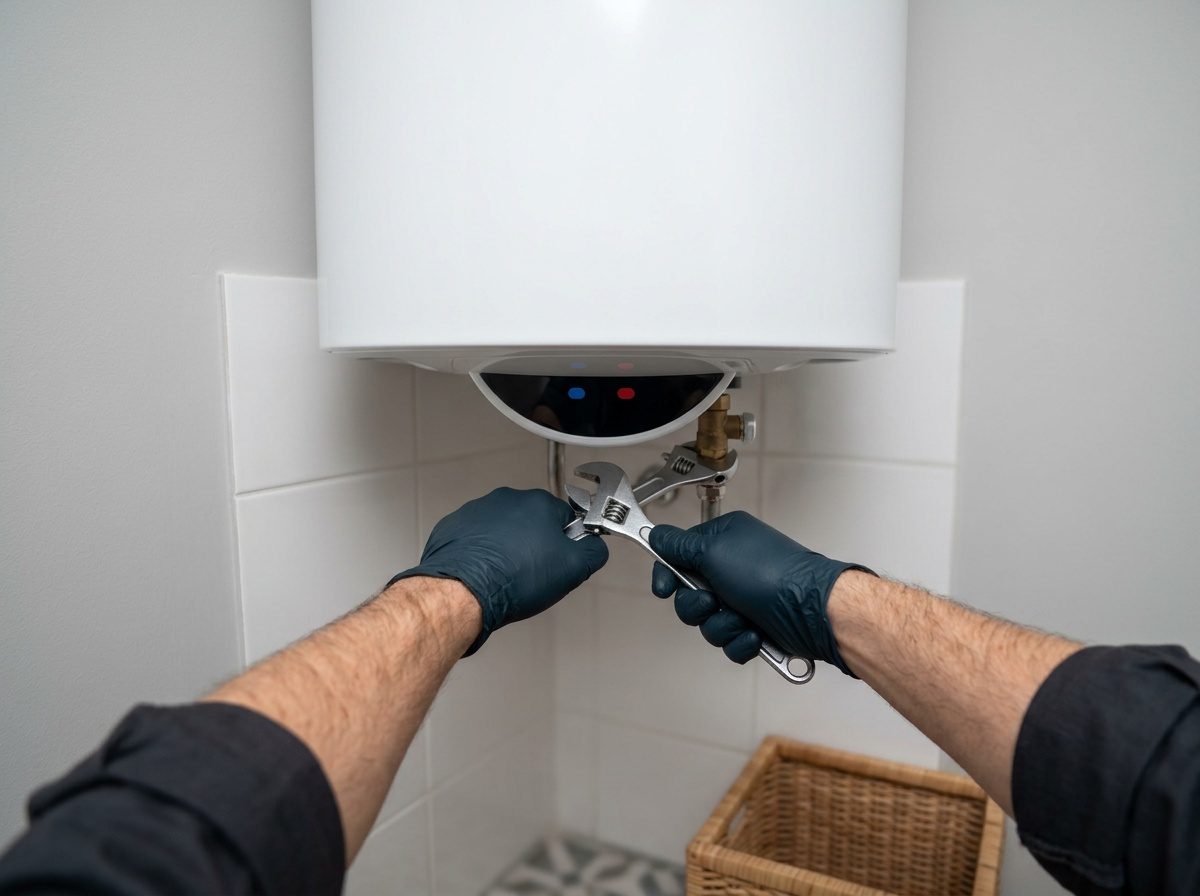 Plombier contrôlant les raccordements d'un chauffe-eau sur socle