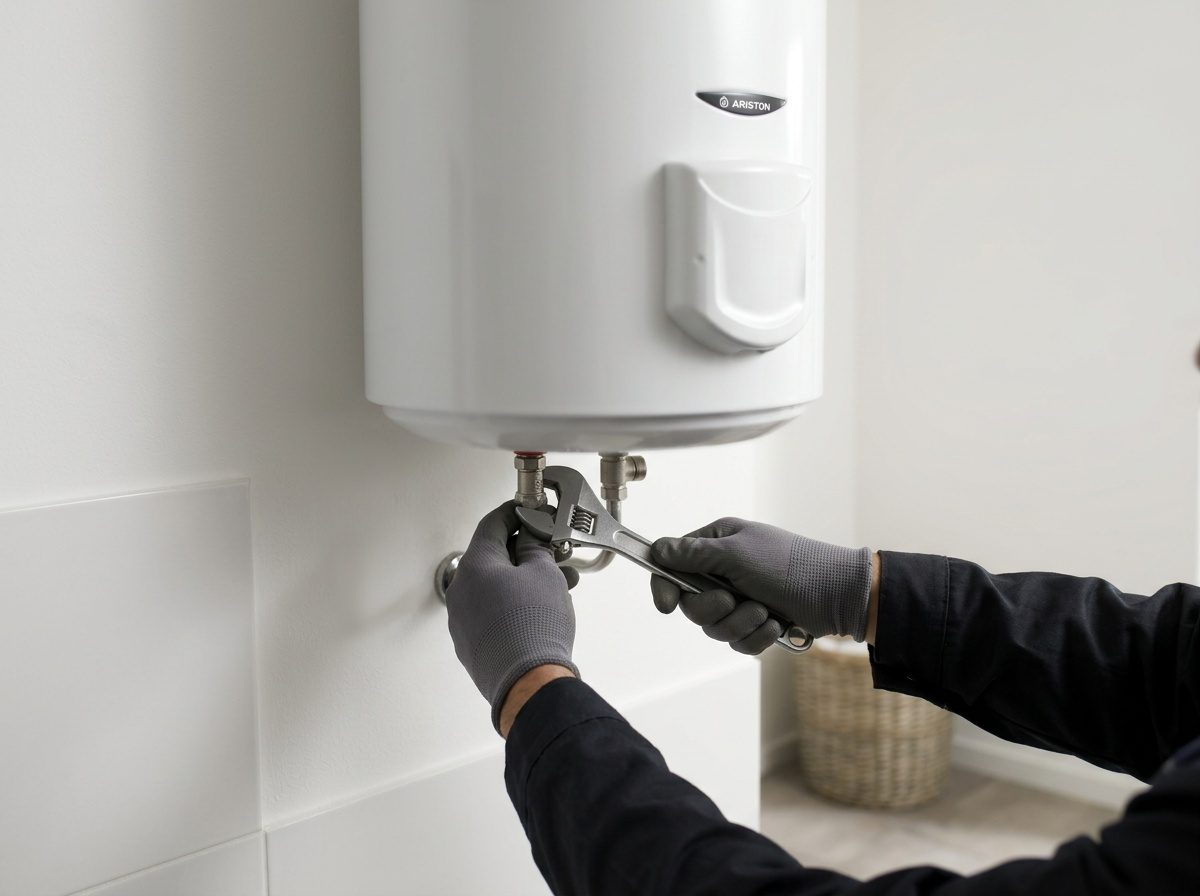 Plombier raccordant un chauffe-eau électrique sur socle