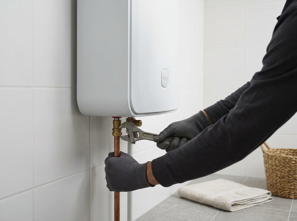 Plombier raccordant un chauffe-eau électrique plat au mur