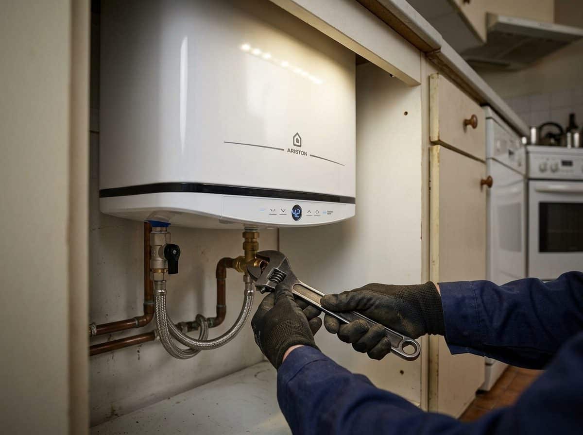Plombier raccordant un chauffe-eau électrique plat mural