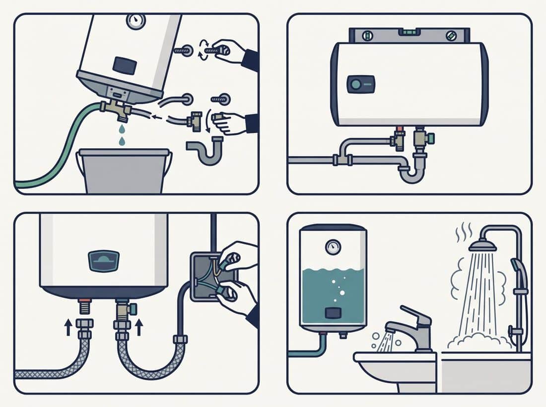 Quatre étapes de dépose et de pose d'un chauffe-eau électrique plat