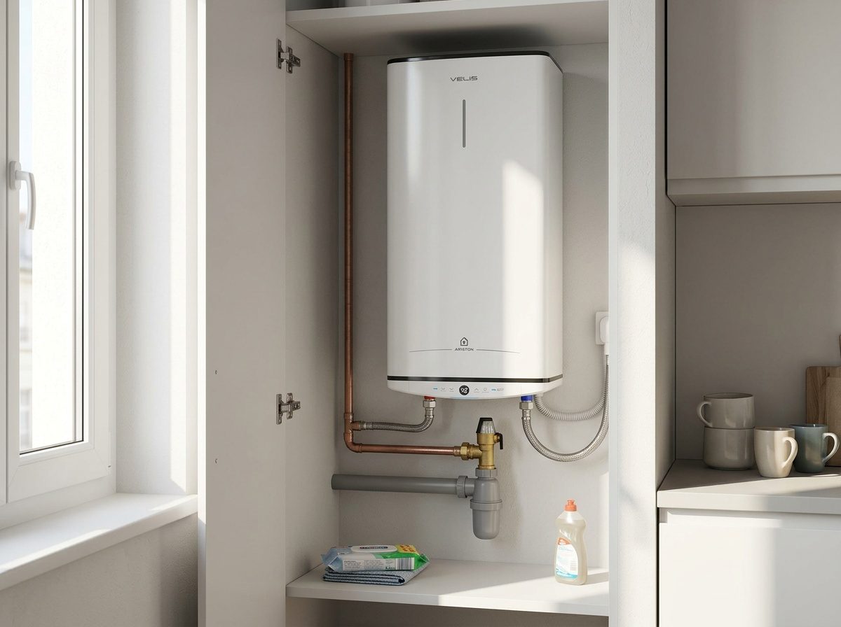 Chauffe-eau plat de faible profondeur installé contre un mur