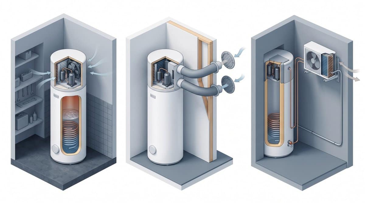 Illustration comparant les configurations air ambiant, gainé et split d'un chauffe-eau thermodynamique Atlantic