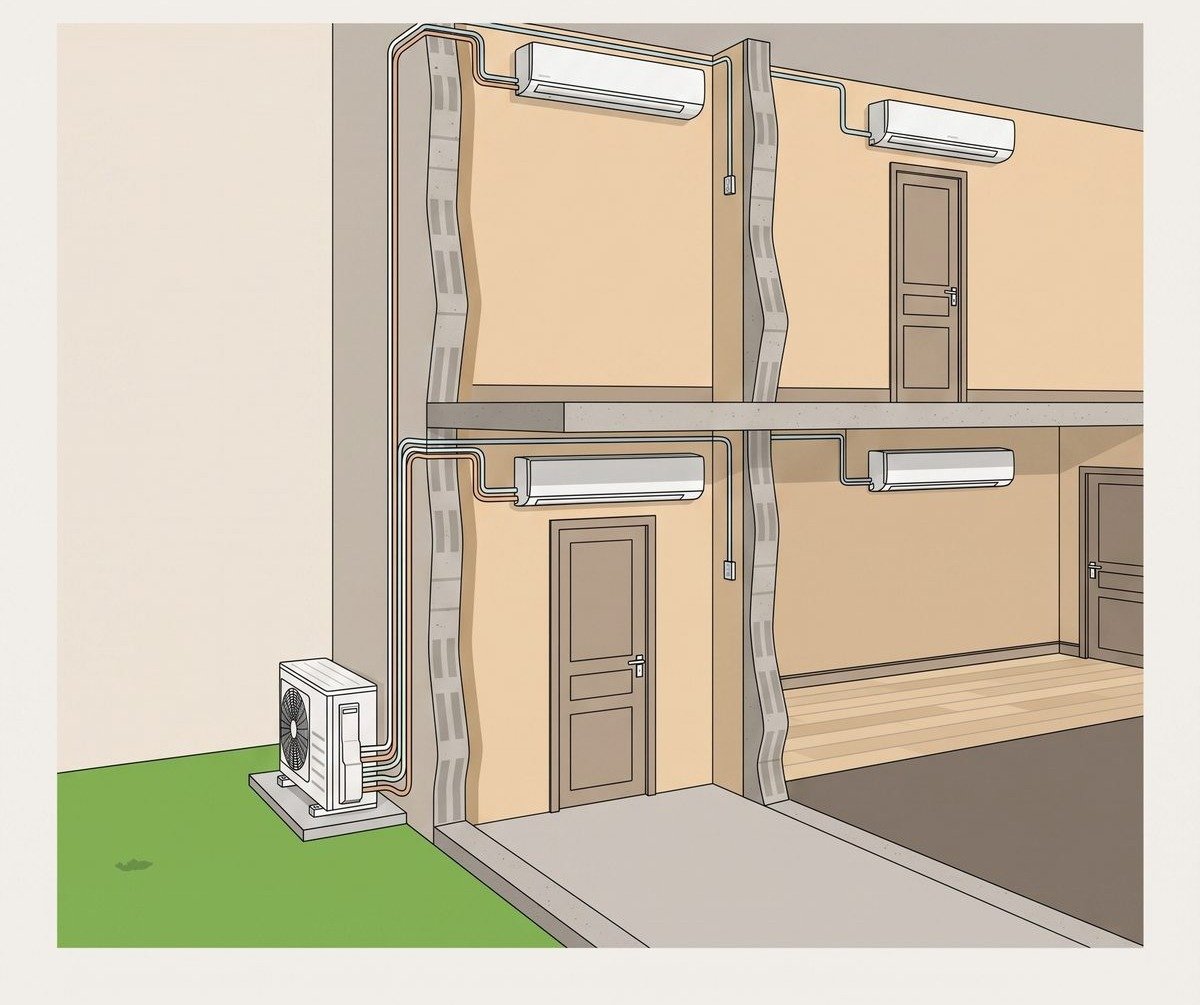 Illustration d'un logement en coupe montrant une installation multisplit : unités intérieures murales sur deux niveaux reliées à un seul groupe extérieur au sol