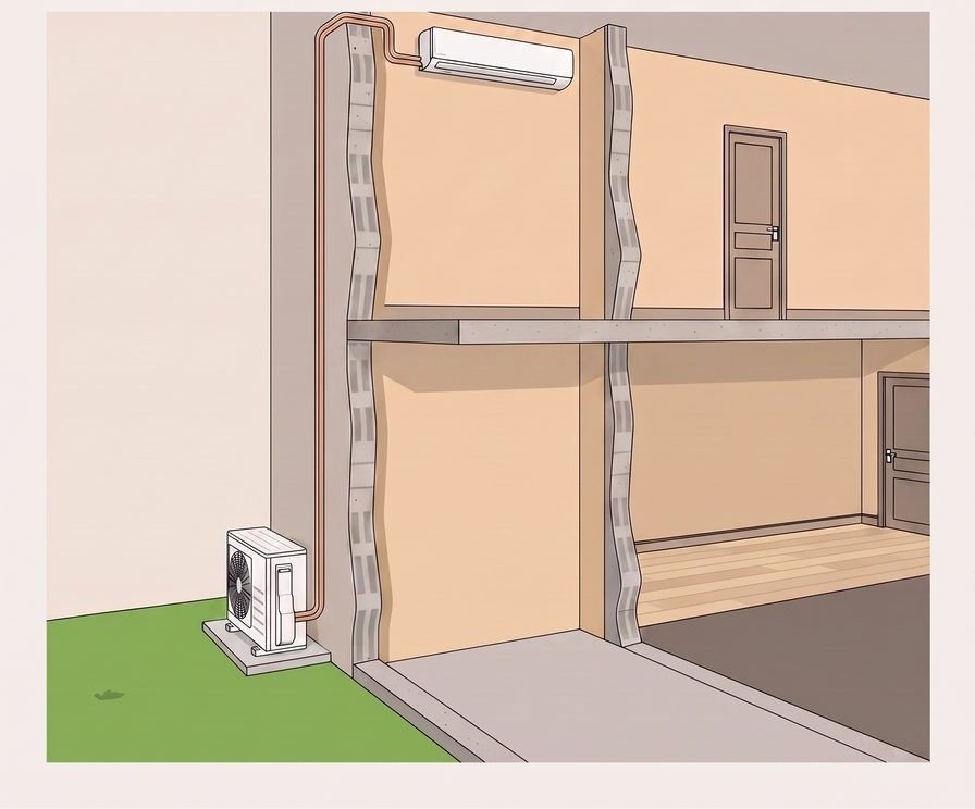 Illustration d'un logement en coupe montrant l'installation d'une climatisation réversible : unité intérieure murale, groupe extérieur au sol et liaisons frigorifiques le long du mur