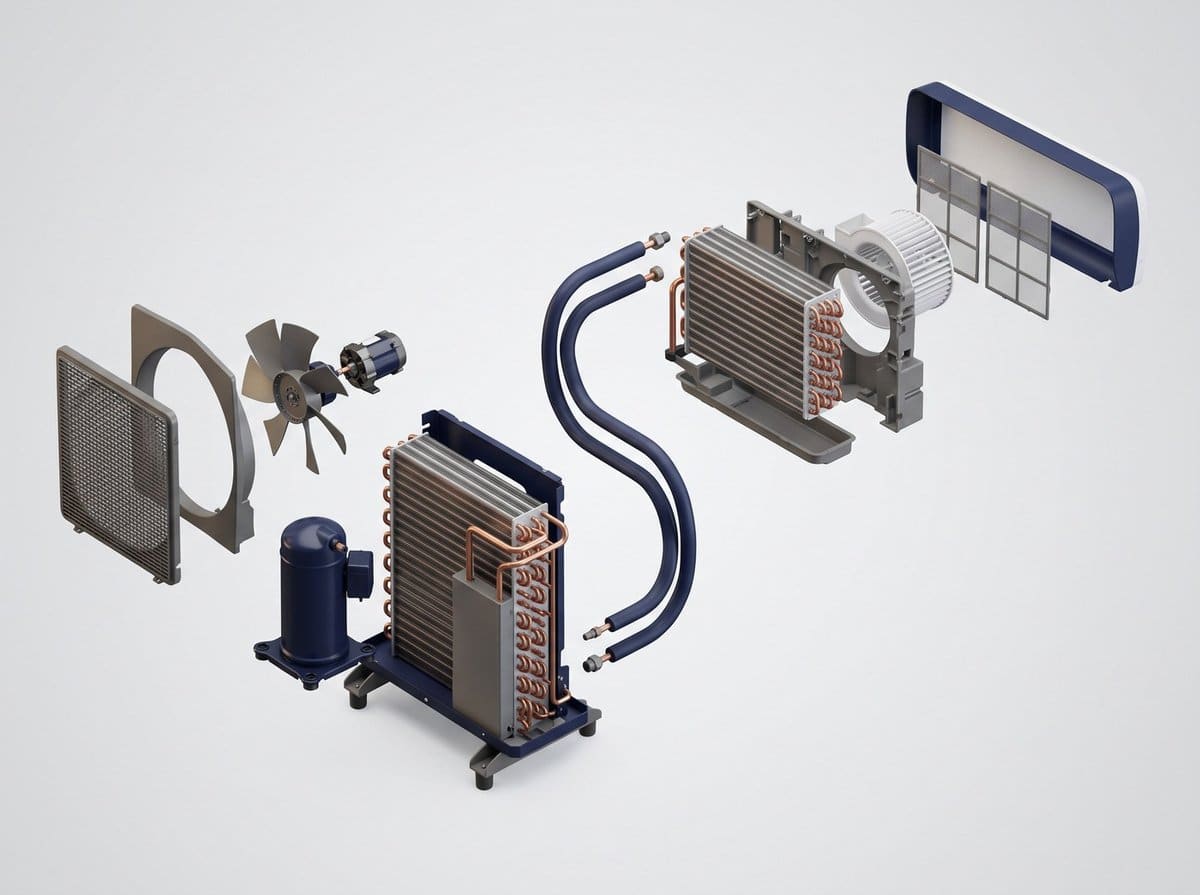 Vue éclatée d'un système de climatisation réversible air/air : compresseur, échangeur, ventilateur, liaisons frigorifiques, unité intérieure et filtres