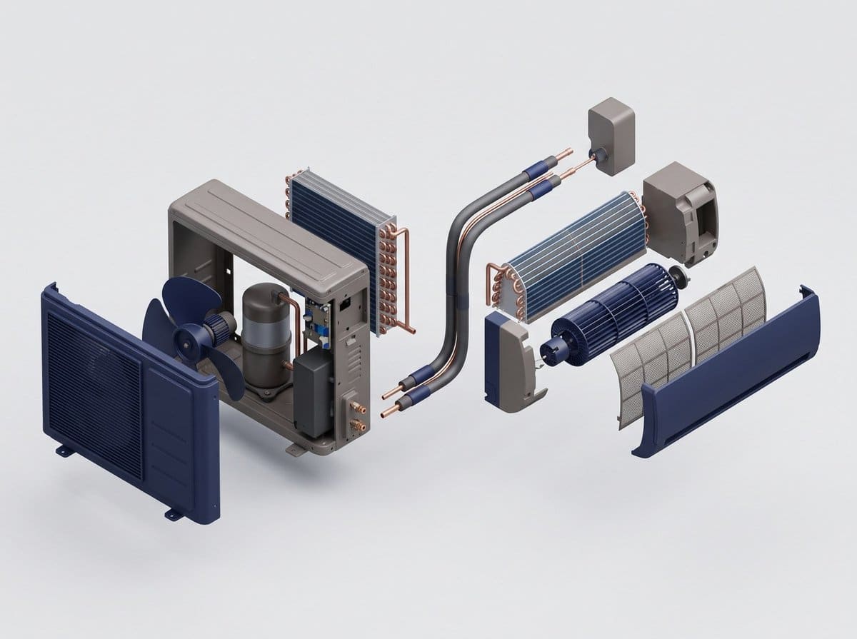 Vue éclatée d'un système de climatisation réversible air/air : compresseur, échangeur, ventilateur, liaisons frigorifiques, unité intérieure et filtres