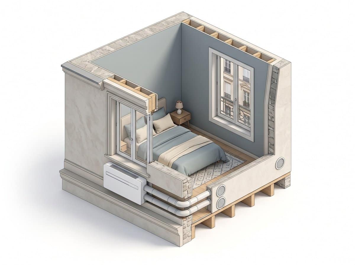 Illustration en coupe d'une pièce avec un climatiseur monobloc Olimpia Splendid Unico EVO posé en bas du mur sous une fenêtre et deux gaines traversant le mur vers les grilles extérieures