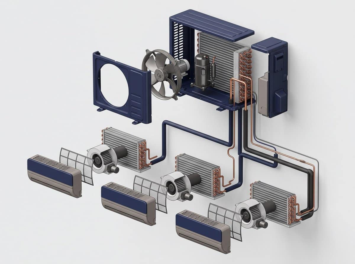 Vue éclatée d'un système de climatisation réversible air/air : compresseur, échangeur, ventilateur, liaisons frigorifiques, unité intérieure et filtres