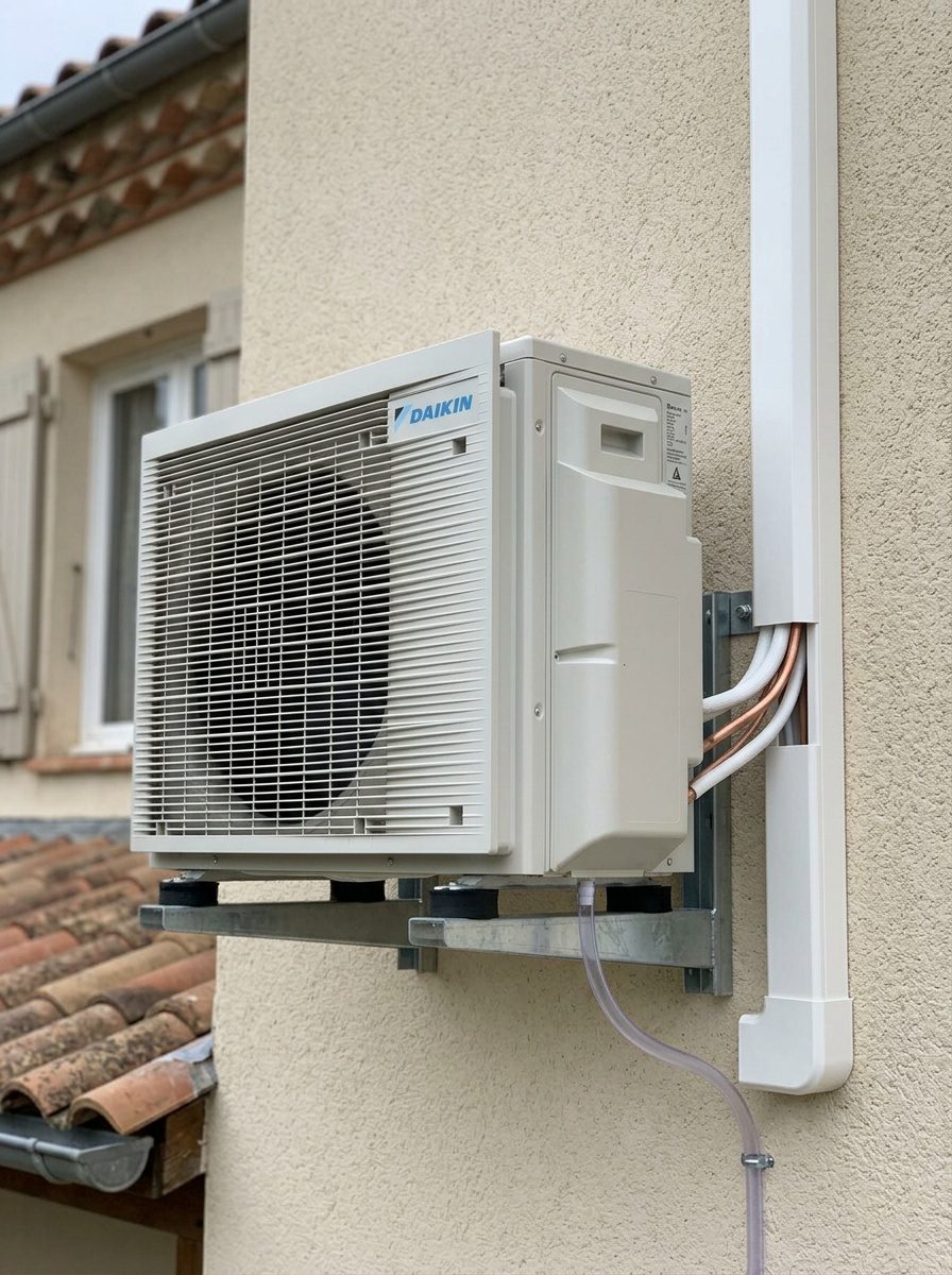 Chauffagiste réalisant les raccordements d'une pompe à chaleur air/air