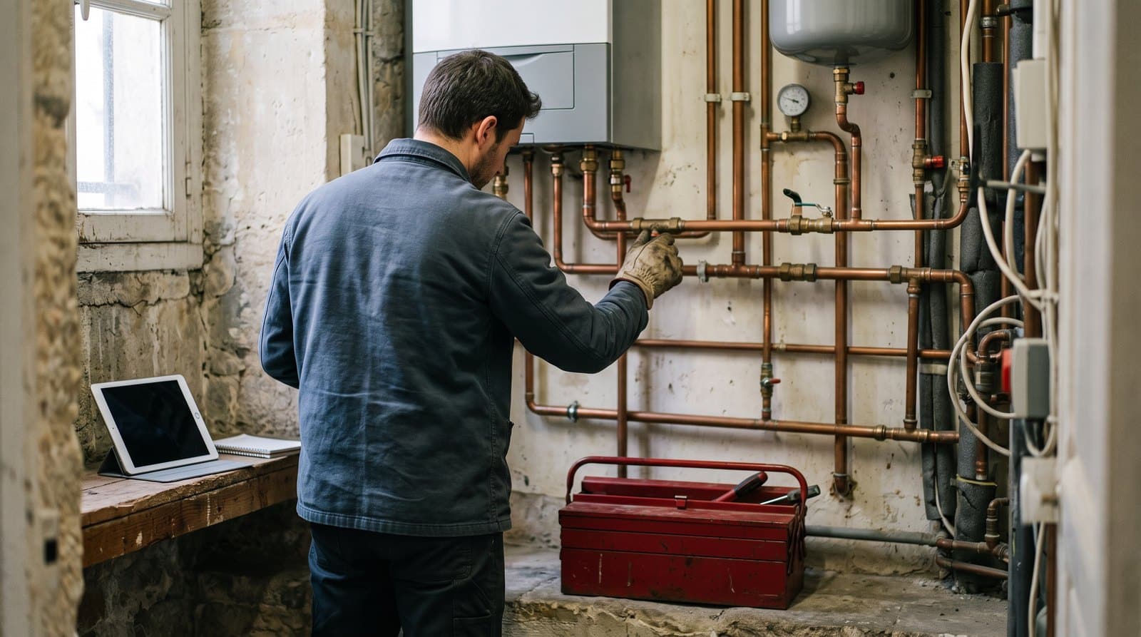 Artisan partenaire en intervention dans le local technique d'un immeuble