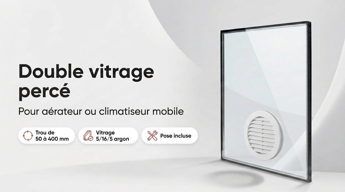 Double vitrage avec trou circulaire pour aérateur ou climatiseur mobile